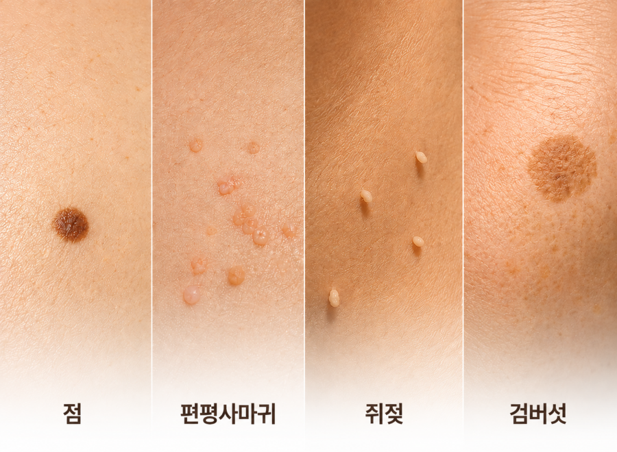 점, 편평사마귀, 쥐젖, 검버섯의 피부 특징 비교 이미지